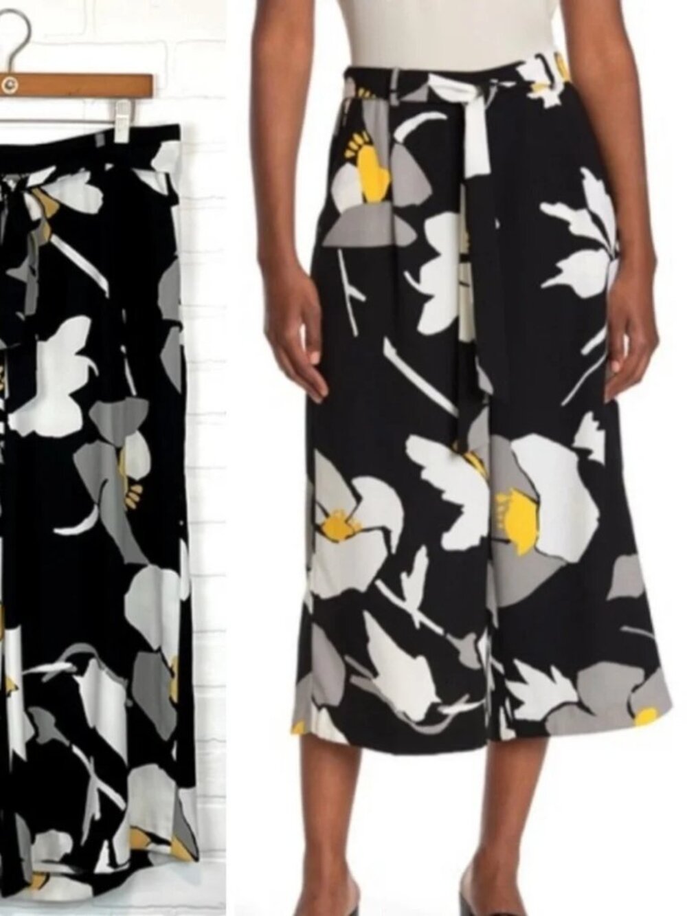 T Tahari Floral Print Tie Waist Wide Leg Crop Culottes Pant Size S